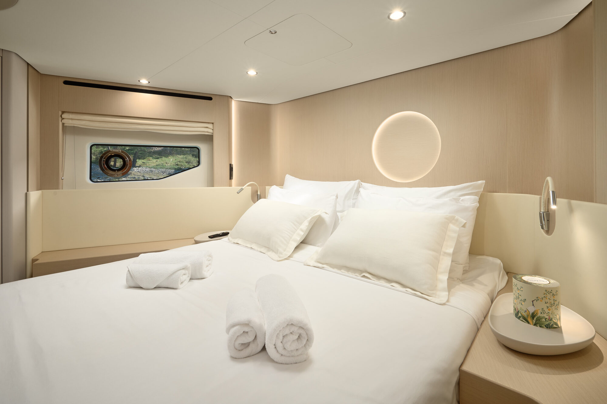 VIP forward cabin in a calm neutral palette